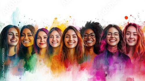 A vibrant portrayal of women from various backgrounds, each smiling warmly