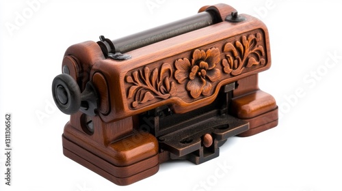 Antique Wooden Roller with Floral Engravings – Isolated on White Background. Generative AI photo