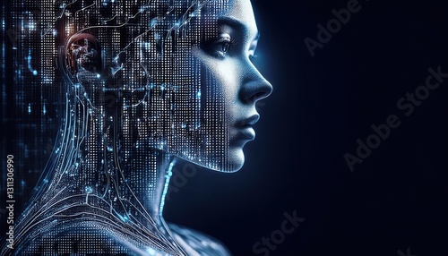 Profilo viso di donna con connessioni neurali, rappresentazione futuristica di un'intelligenza artificiale. Spazio vuoto sfondo scuro a destra photo