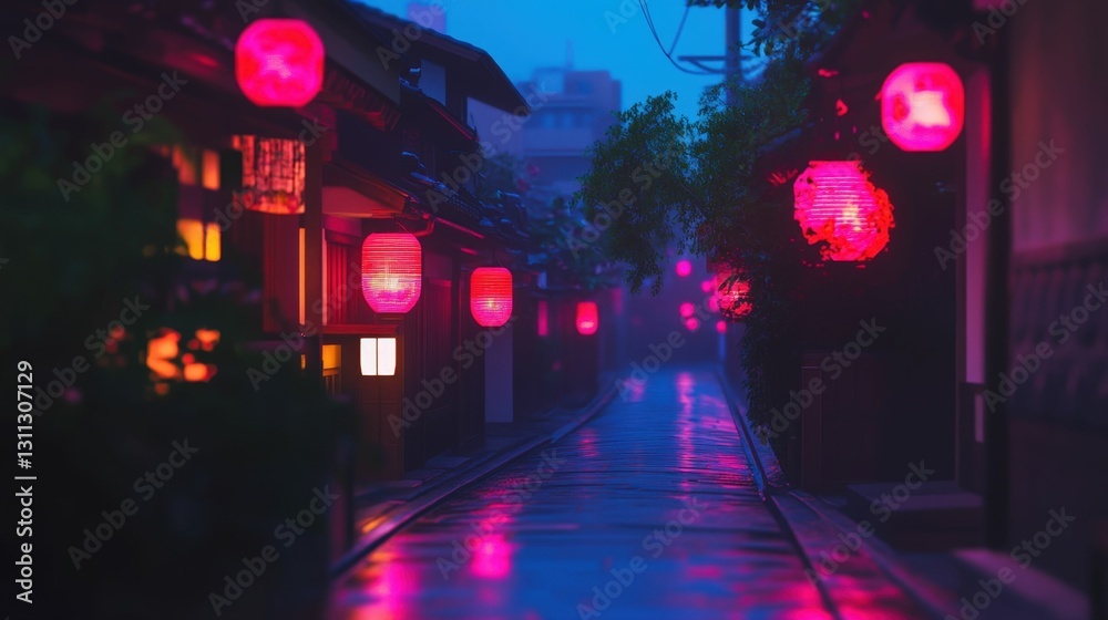 Street in Kyoto with traditional Japanese architecture and red lanterns