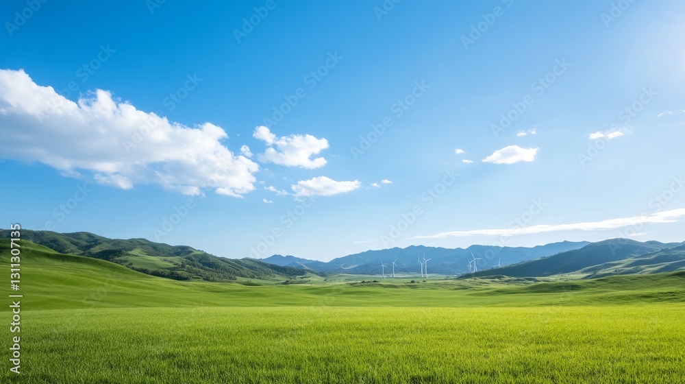 Fototapeta premium Wide open field under a vibrant sky with wind turbines on the horizon