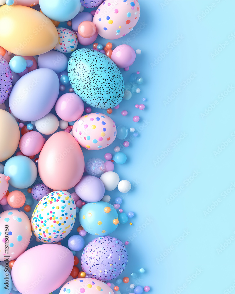 Pastel eggs and candy scattered against a soft light blue background Pastel eggs and candy scattered against a soft light blue background