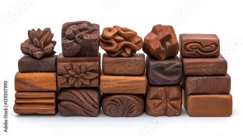 Handcrafted wooden blocks with intricate carvings on isolated white background. Generative AI photo