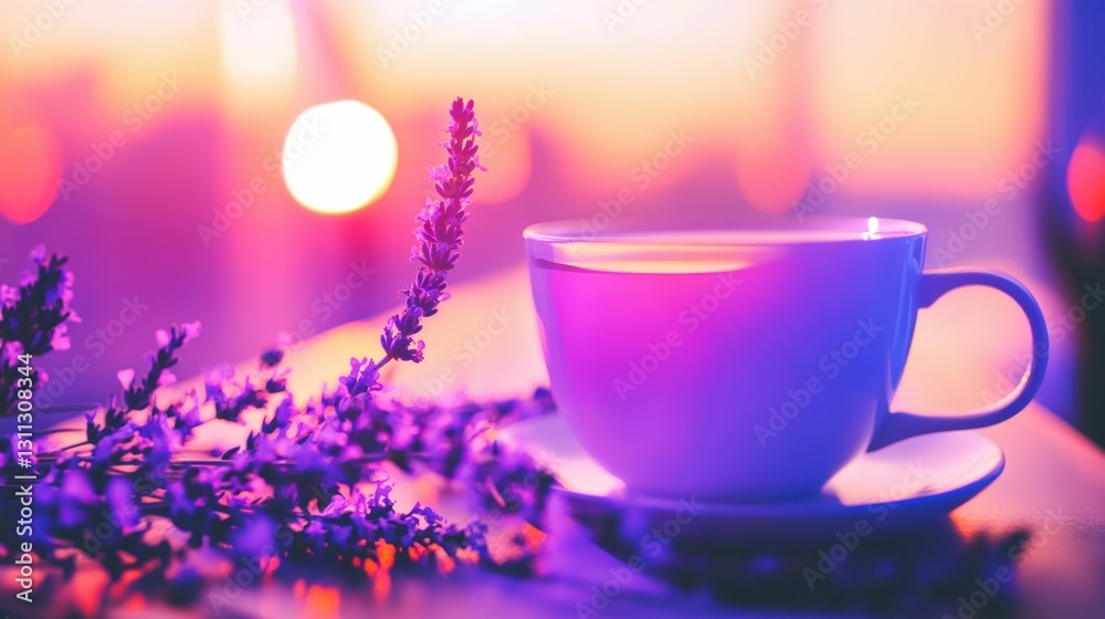 Fototapeta premium White cup filled with herbal tea placed on a wooden table surrounded by lavender sprigs, soft natural light, minimalistic style,