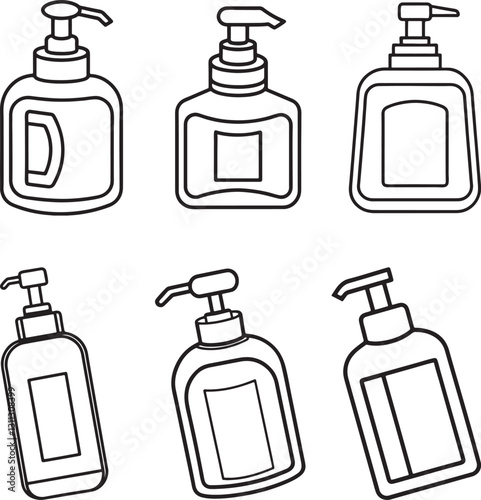 set of hand sanitizer line art, black outline, vector and illustration, coloring book page line art drawing