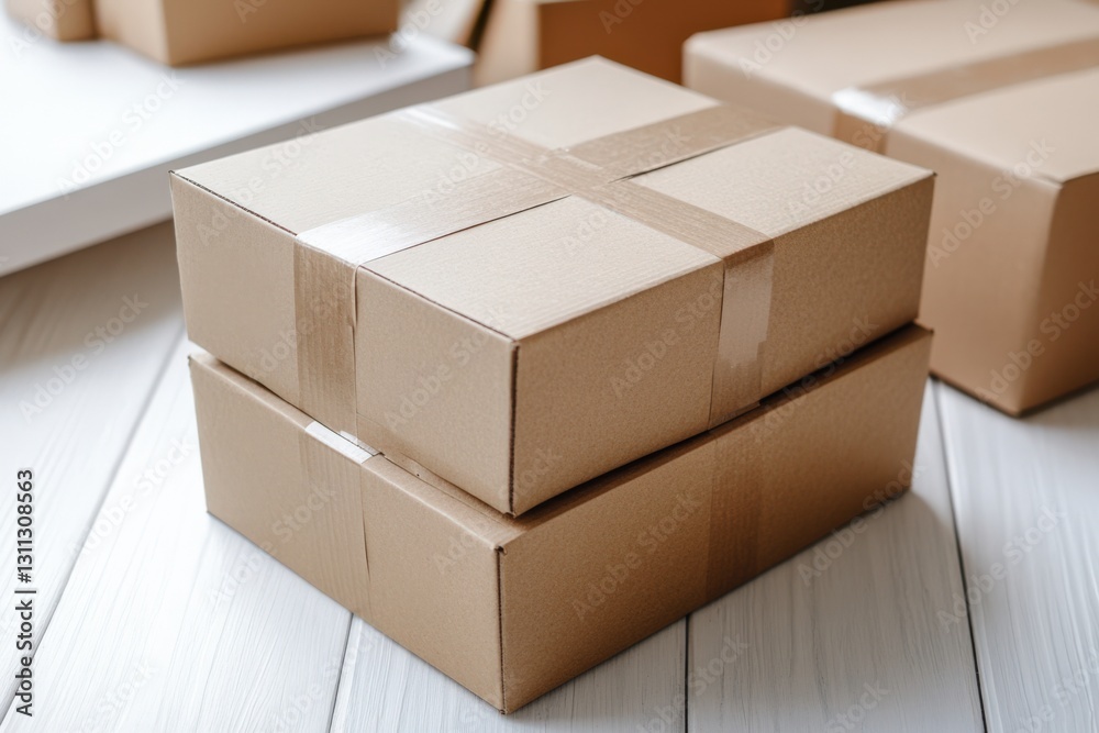 A Close-Up View of Stacked Cardboard Shipping Boxes on a Wooden Floor, Showcasing Their Simple, Brown Packaging Ideal for Storage or Delivery Essentials A Close-Up View of Stacked Cardboard Shipping Boxes on a Wooden Floor, Showcasing Their Simple, Brown Packaging Ideal for Storage or Delivery Essentials