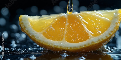 Fresh lemon slice with water droplets pouring on dark background