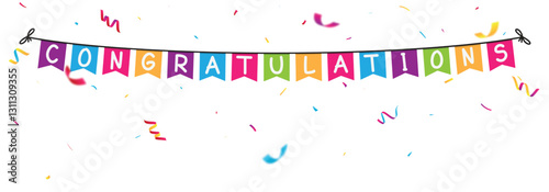 Congratulations sign banner with colorful confetti and bunting flags 