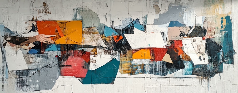 Fototapeta premium Abstract colorful collage artwork with textured layers and dynamic shapes.