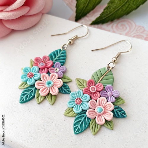 Colorful floral earrings made of polymer clay with intricate leaf design on a light background