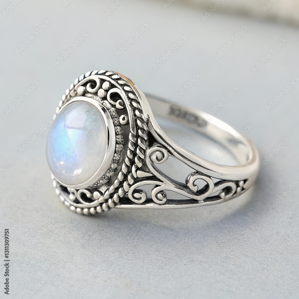 Elegant silver ring with moonstone and intricate design on a smooth background Elegant silver ring with moonstone and intricate design on a smooth background