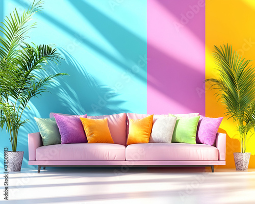 Pink sofa in colorful room, sunny day
