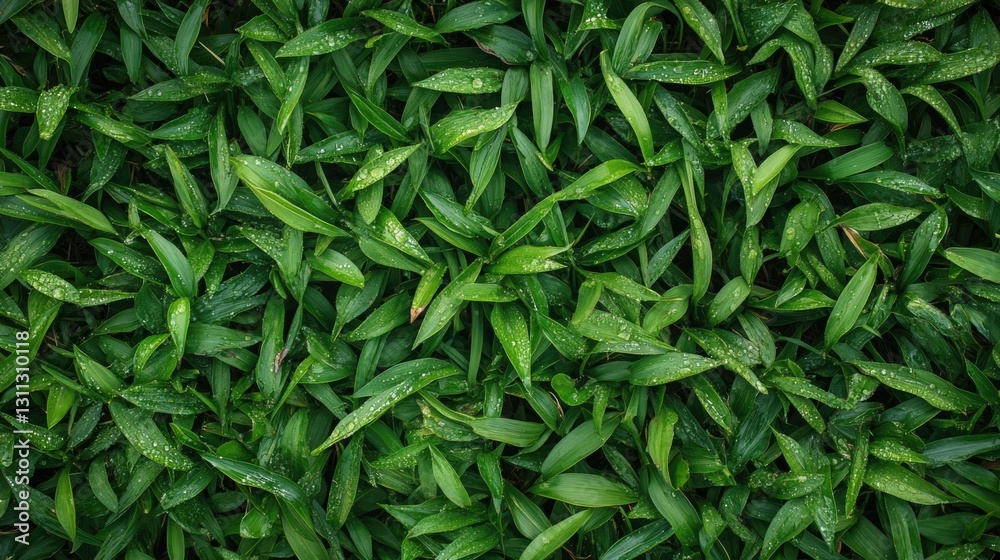 Green leafy plants covered in tiny water droplets are shown Green leafy plants covered in tiny water droplets are shown