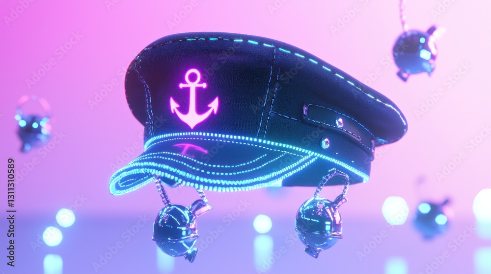 Fototapeta premium Futuristic neon captain's hat with anchor emblem.