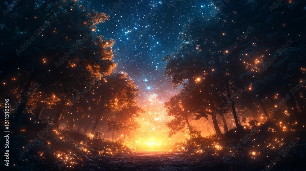 A Glowing Pathway through the Mystical Forest with Fireflies. Generative AI A Glowing Pathway through the Mystical Forest with Fireflies. Generative AI