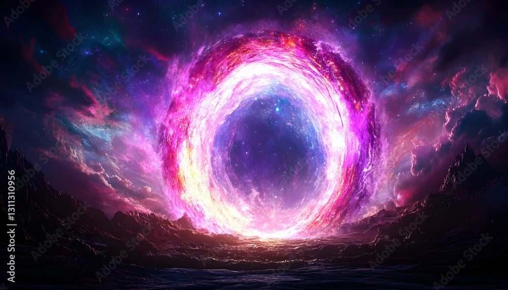 Portal shimmers above a barren landscape beneath a dramatic, colorful nebula Portal shimmers above a barren landscape beneath a dramatic, colorful nebula