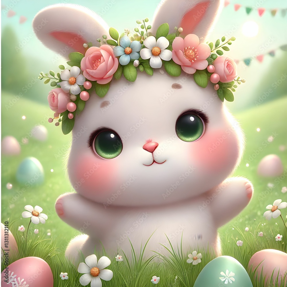 Fototapeta premium A high-resolution, adorable, cartoonish image of a playful bunny with plump cheeks and expressive eyes, wearing a delicate flower crown.