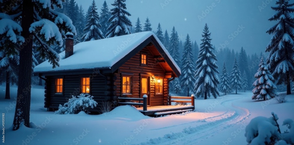 Fototapeta premium Cozy cabin, snow covered roof, glowing window, landscape, christmas background