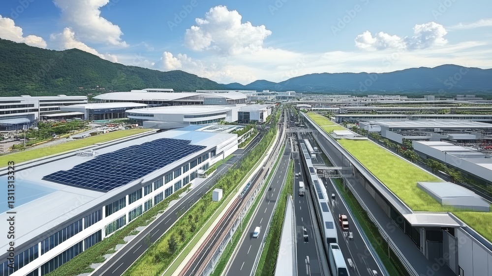 Fototapeta premium Expansive city panorama view with mountain backdrop, showing structures and green spaces