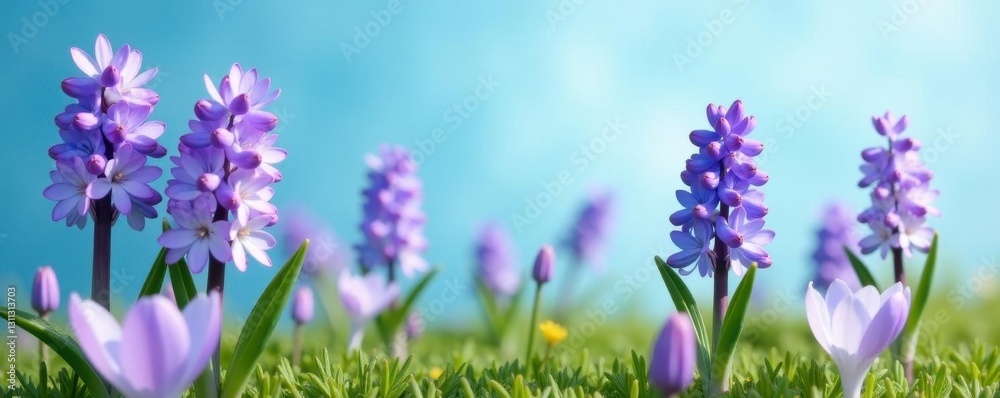 Naklejka premium Delicate hyacinths and crocuses against a tranquil blue, white, closeup, color