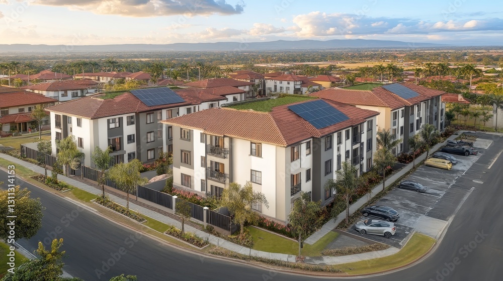 Modern apartments with orange tile roofs. Solar panels. Green field and mountains Modern apartments with orange tile roofs. Solar panels. Green field and mountains