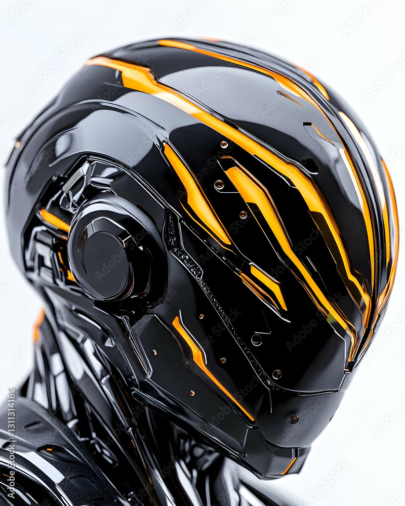 Fototapeta premium Robotic head with glowing highlights, close-up, against a seamless white backdrop