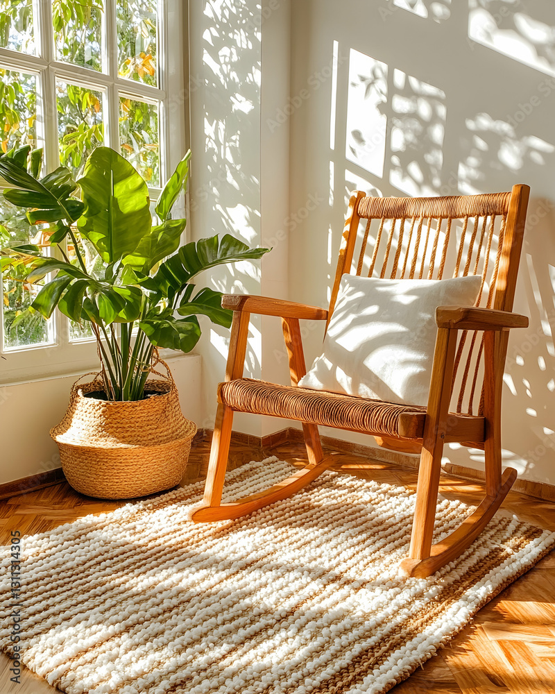 Obraz premium Rocking chair by window with plant in room, sunlit wall