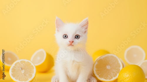 30. A white kitten with a pink nose sitting in the center of a pastel soft lemon background