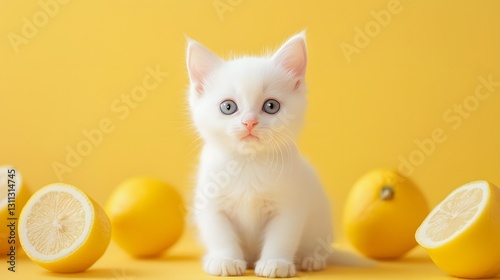 30. A white kitten with a pink nose sitting in the center of a pastel soft lemon background