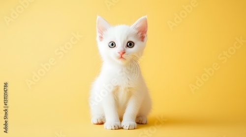 30. A white kitten with a pink nose sitting in the center of a pastel soft lemon background
