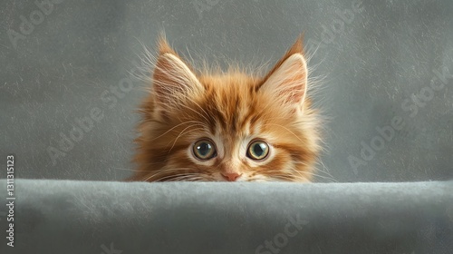 35. A long-haired kitten peeking playfully on a pastel soft gray background