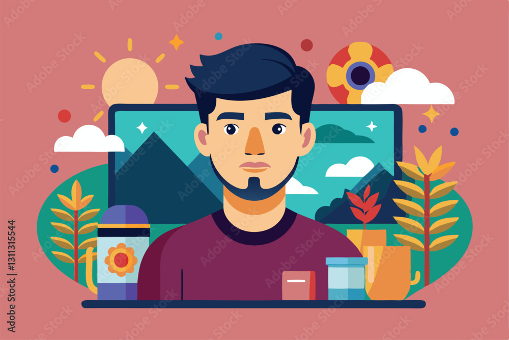 The young man focuses on his laptop while vibrant plants and artistic items add creativity to the workspace, Photos Customizable Semi Flat Illustration The young man focuses on his laptop while vibrant plants and artistic items add creativity to the workspace, Photos Customizable Semi Flat Illustration