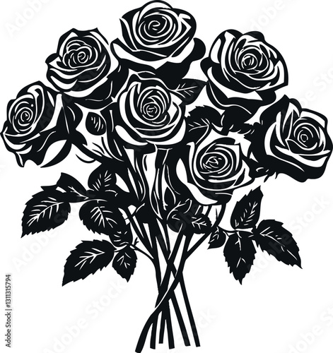 Black and white vintage bouquet of roses detailed floral engraving botanical illustration hand drawn monochrome sketch decorative etching retro romantic flower arrangement vector art design