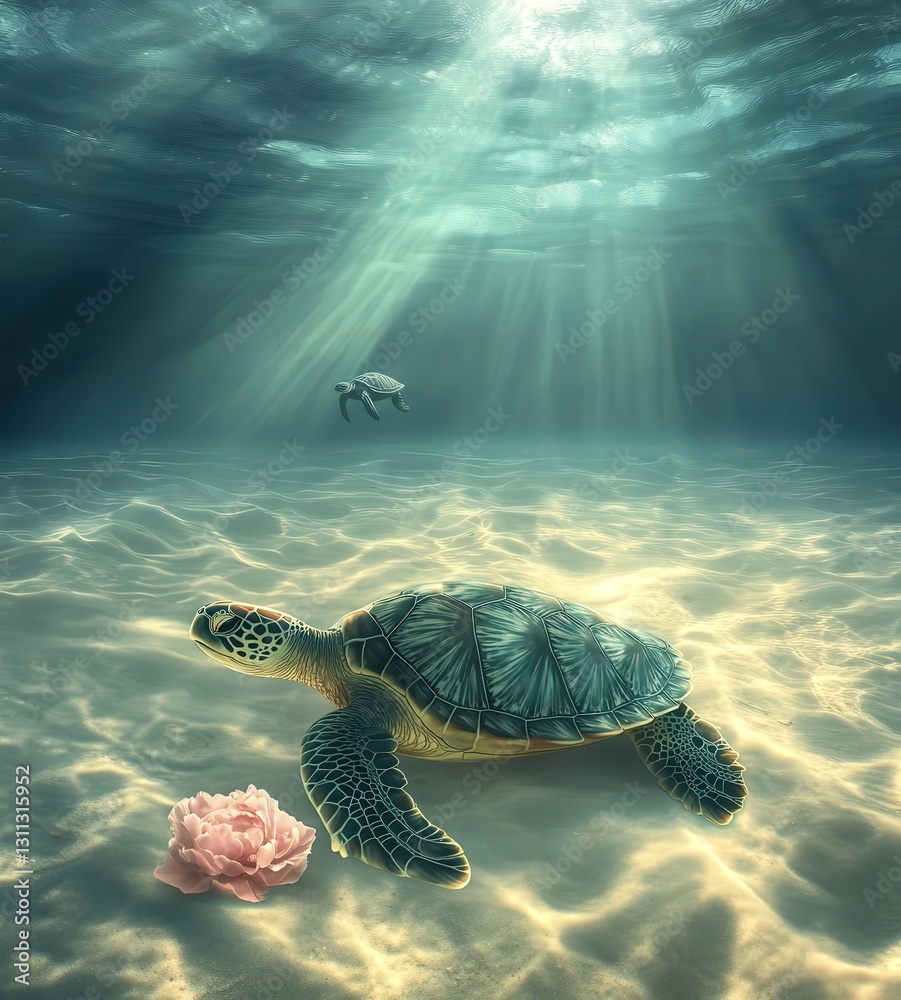 Obraz premium A sea turtle swims gracefully in the ocean next to a rose