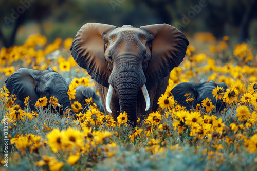Elephant Herd in a Field of Vibrant Yellow Sunflowers in Natural Habitat with Lush Green Background Under Natural Lighting