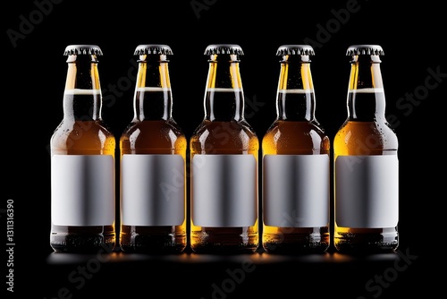 A six-pack of beer bottles with completely blank labels, ultra-clean design, high realism, professional product photography setup