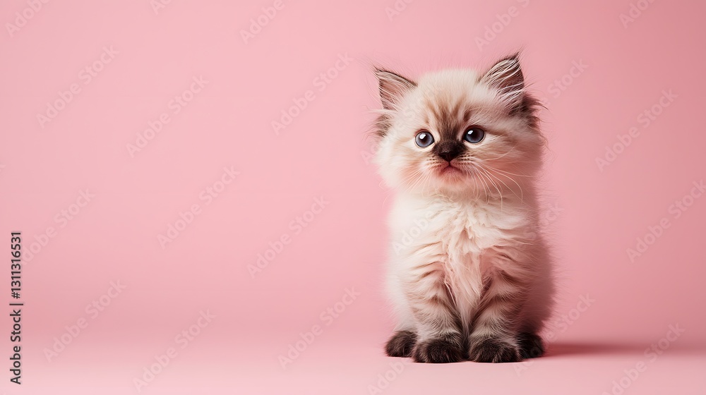 70. A fluffy Himalayan kitten sitting elegantly on a pastel dusty rose background 70. A fluffy Himalayan kitten sitting elegantly on a pastel dusty rose background