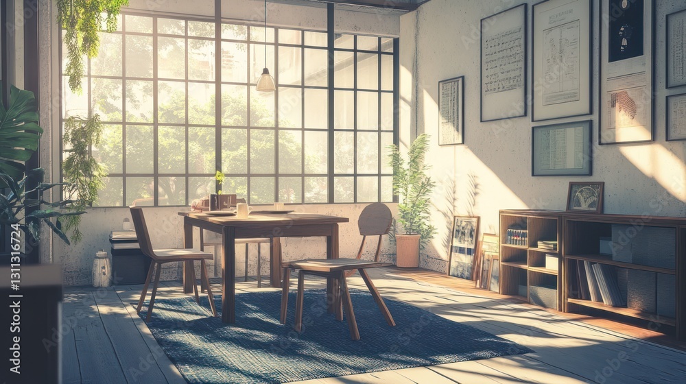 Sunny, cozy room with a large window overlooking a garden. Ideal for stock photography