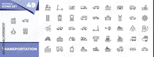 outline icons set - transportation concept. vector icons included houseboat, suv and more.