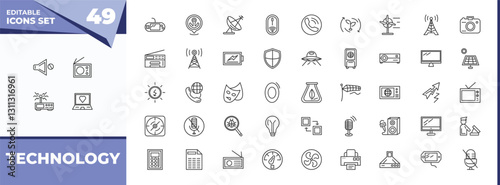 outline icons set - technology concept. vector icons included no audio, radio with antenna and more.