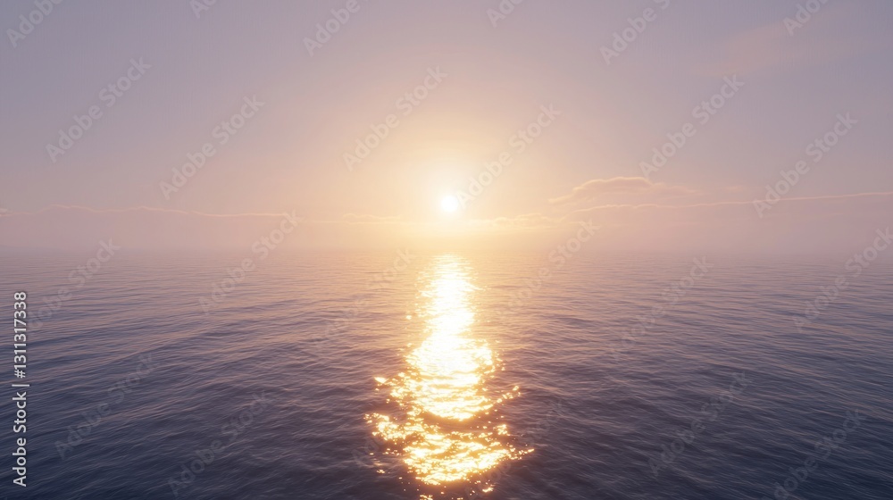 Obraz premium Serene sunset over calm ocean with sun reflecting on water.