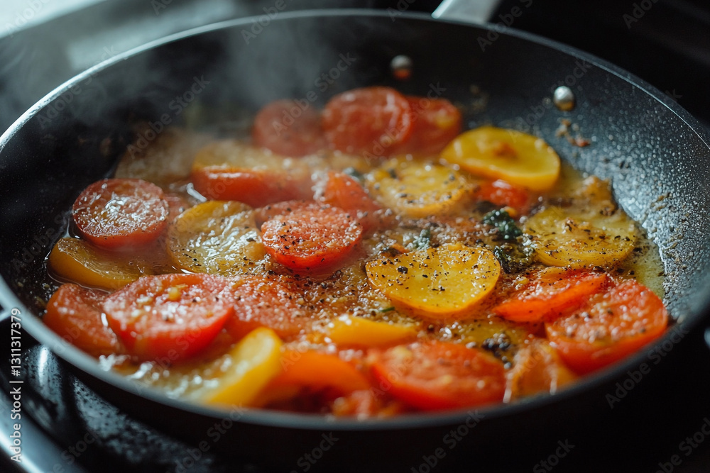 sauted tomatoes and peppers cooking in pan red hot food meal spicy tasty fresh lunch recipe sauted tomatoes and peppers cooking in pan red hot food meal spicy tasty fresh lunch recipe