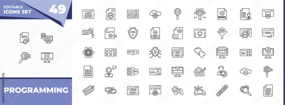 outline icons set - programming concept. vector icons included article, adaptive layout and more.