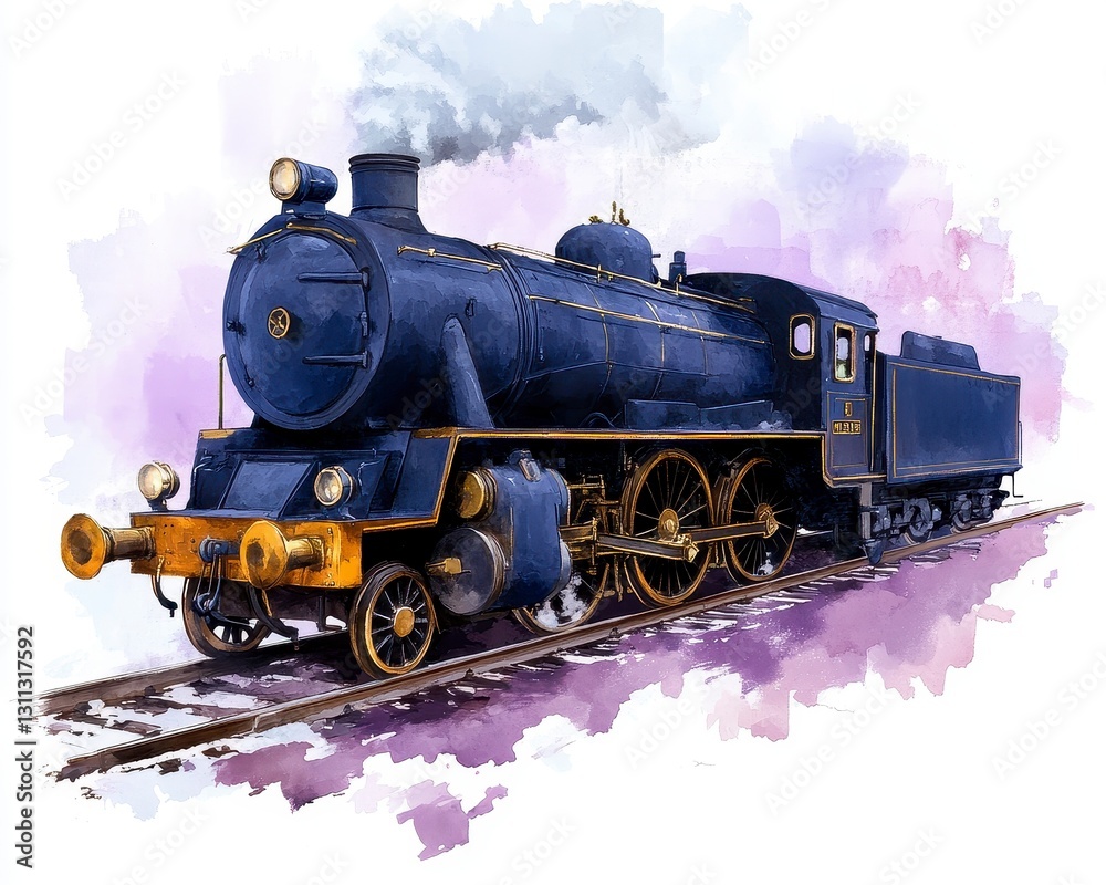 Naklejka premium Dark Blue Steam Locomotive Watercolor Painting with Gold Accents