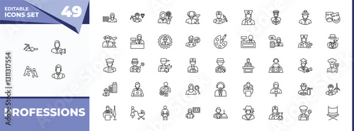 outline icons set - professions concept. vector icons included archeologist, marketing manager and more.