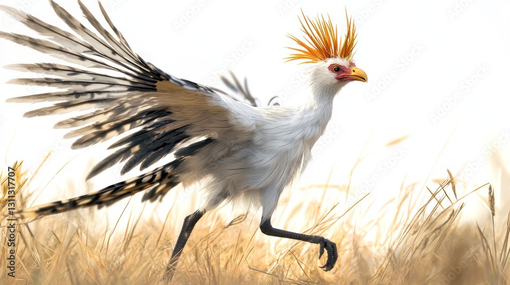 Fototapeta premium White bird with orange crest running in tall grass.