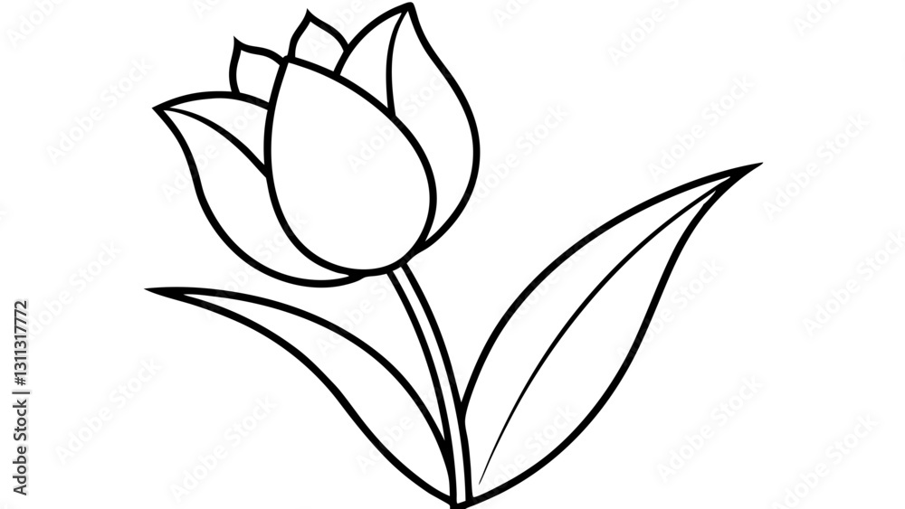 Obraz premium Single tulip flower illustration with leaves, linear art, nature concept, minimal style
