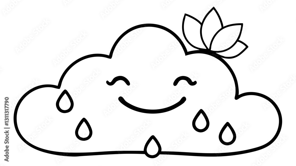 Happy cloud character with raindrops and lotus flower illustration
