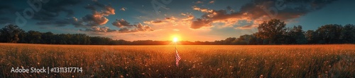 Dramatic Sunset Over a Field with American Flag in View. Generative AI photo