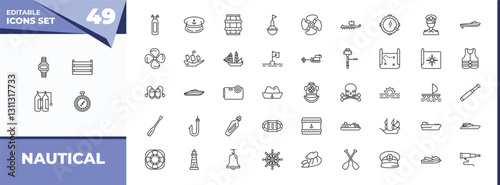 outline icons set - nautical concept. vector icons included water resist watch, big crate and more. photo